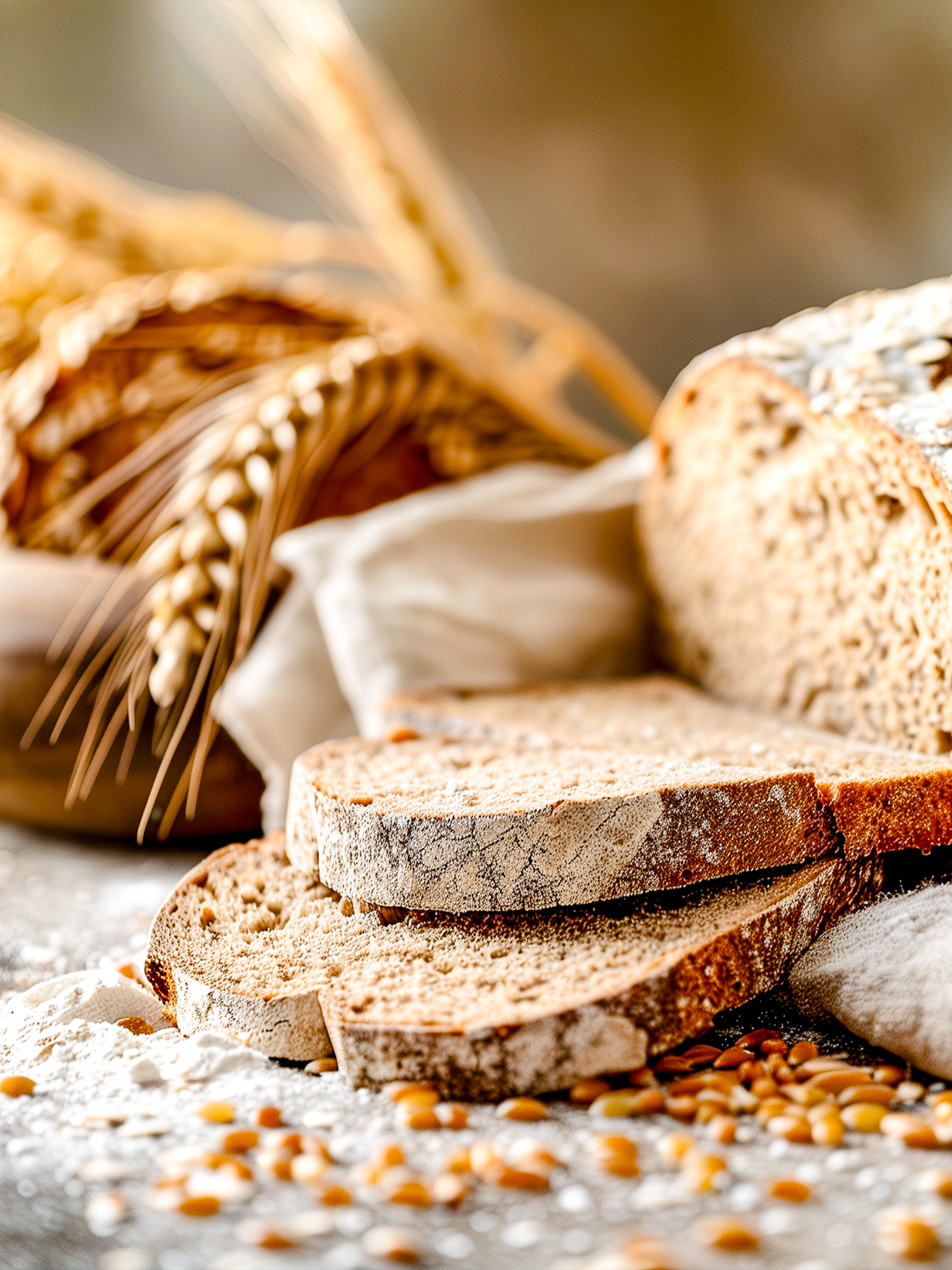 Mehrere Scheiben rustikales Brot mit Mehl, Körnern und Ähren auf einem Tisch, warm und appetitlich präsentiert