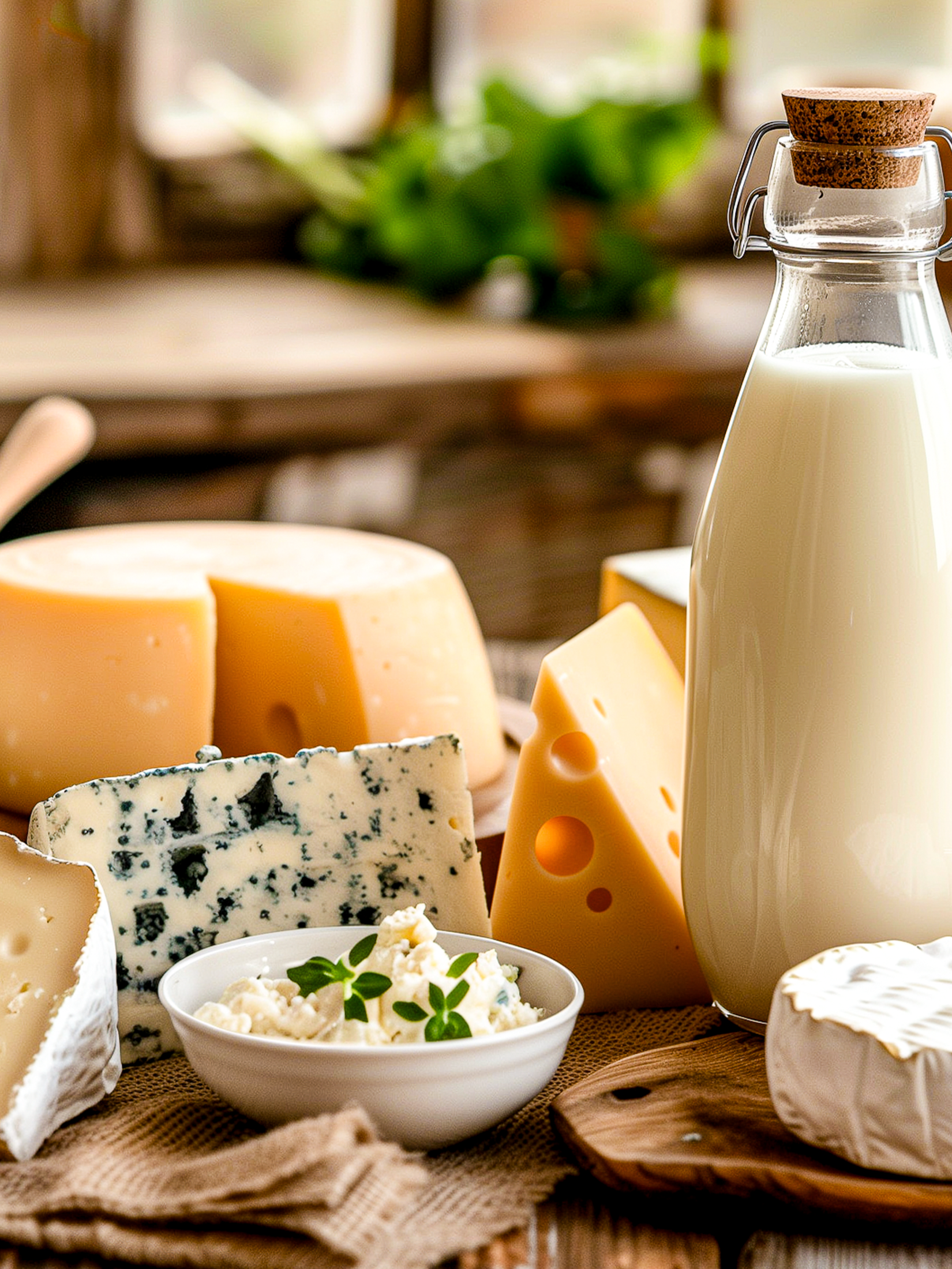 Flasche Milch neben verschiedenen Käsesorten und Frischkäse in Schale, angerichtet auf einem rustikalen Tisch.