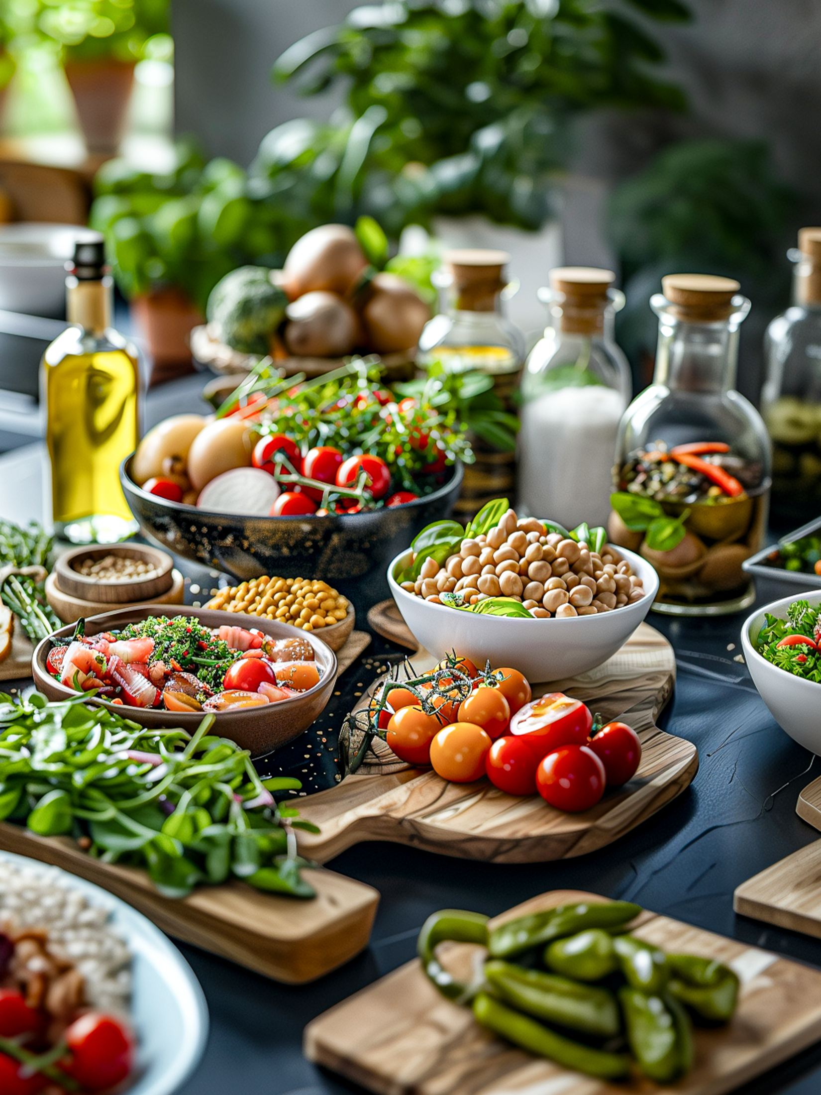 Frische Zutaten und Salate auf einem Küchentisch mit Tomaten, Kichererbsen, Kräutern und Olivenöl bereit zum Kochen