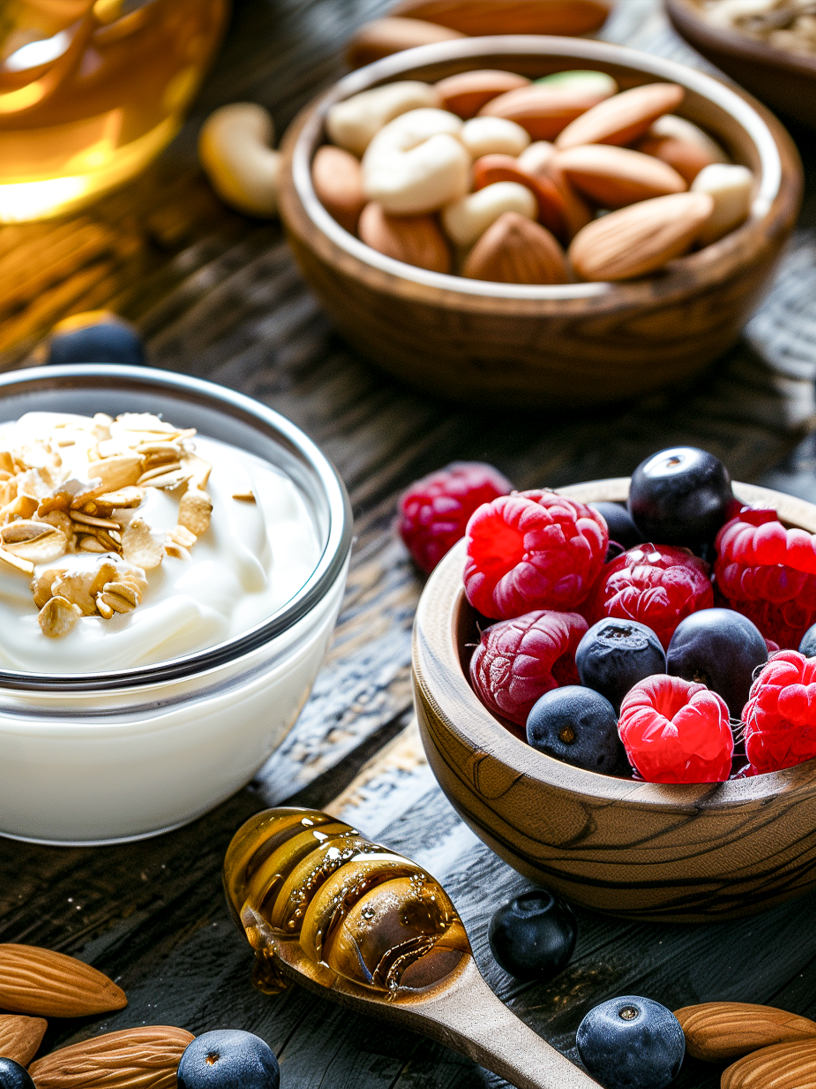 Joghurt mit Haferflocken, Beeren, Nüssen und Honig auf rustikalem Holztisch, als frisches Frühstück serviert.