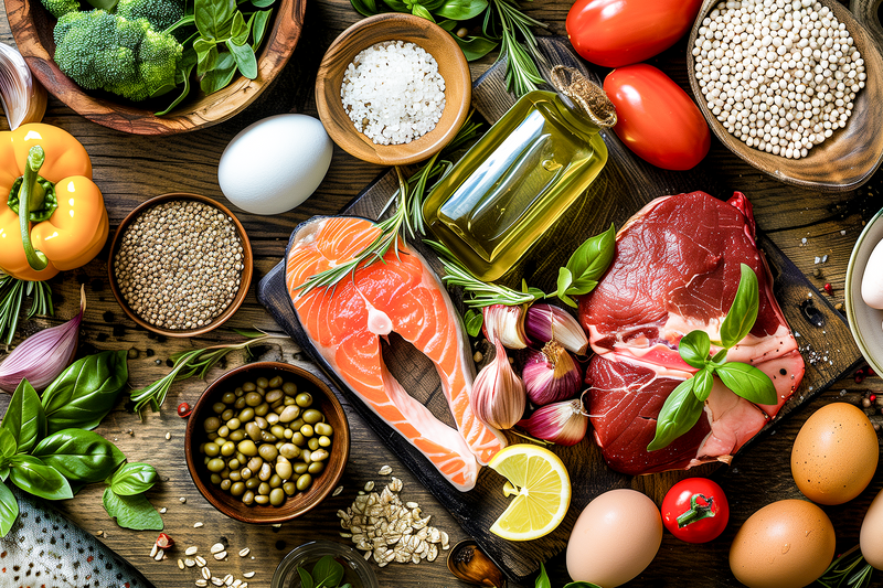 Frische Lebensmittel wie Lachs, Rindfleisch, Eier, Gemüse, Kräuter, Öl und Hülsenfrüchte auf Holztisch