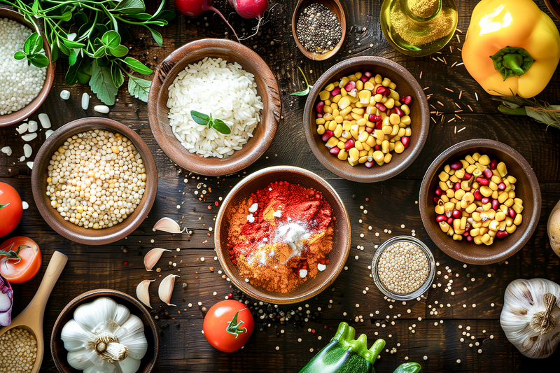 Schalen mit Reis, Mais, Gewürzen und Gemüse auf Holztisch, passend für Kochen, Vorrat und Lebensmittelprodukte