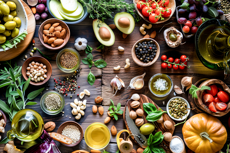 Verschiedene frische Lebensmittel wie Avocado, Tomaten, Nüsse, Kräuter und Olivenöl auf Holztisch arrangiert