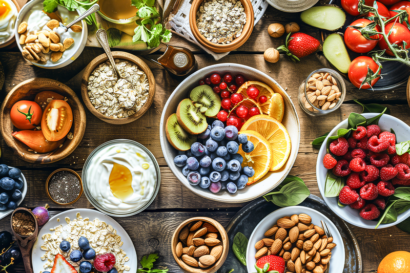 Frühstück mit Haferflocken, Joghurt, Beeren, Nüssen und frischem Obst auf einem Holztisch angerichtet