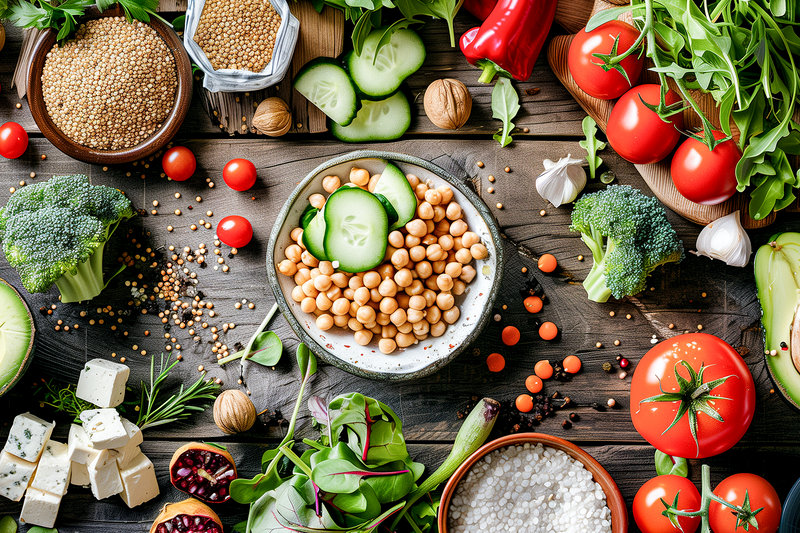 Schale mit Kichererbsen und Gurke, umgeben von Tomaten, Brokkoli, Salat, Quinoa und weiterem frischem Gemüse