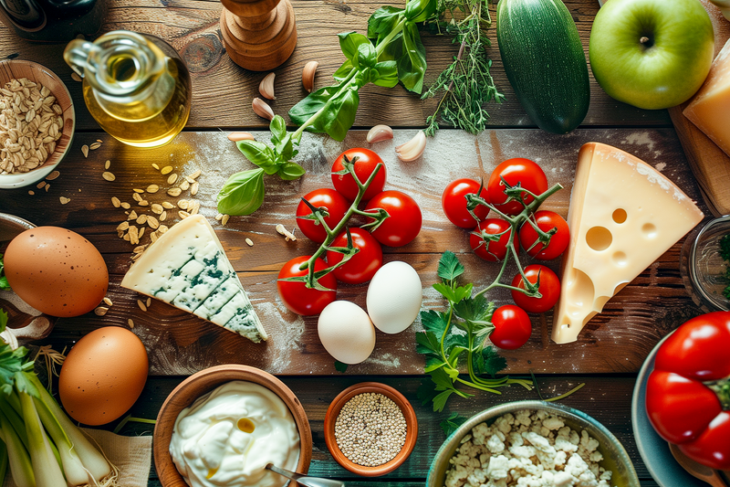 Frische Zutaten wie Tomaten, Eier, Käse, Kräuter und Öl auf Holztisch für Kochen und ausgewogene Ernährung