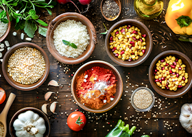 Verschiedene Gewürze, Reis und Körner in Schalen auf Holztisch, passend für Kochen und Vorrat in der Küche