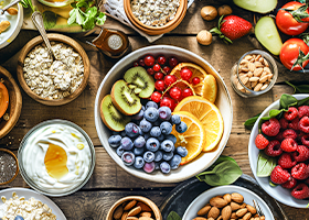 Schalen mit Haferflocken, Joghurt, Beeren, Kiwi, Orange und Nüssen auf Holztisch für gesundes Frühstück