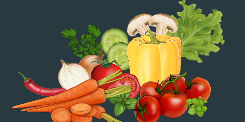Bunte Auswahl frischer Gemüsesorten wie Tomaten, Karotten, Paprika, Salat, Gurke, Zwiebel und Pilze.