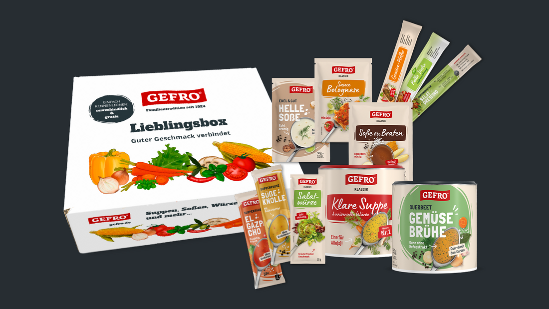 GEFRO Lieblingsbox mit Suppen, Soßen, Würzen und Gemüsebrühe als Produktset für Kennenlernen und Vorrat