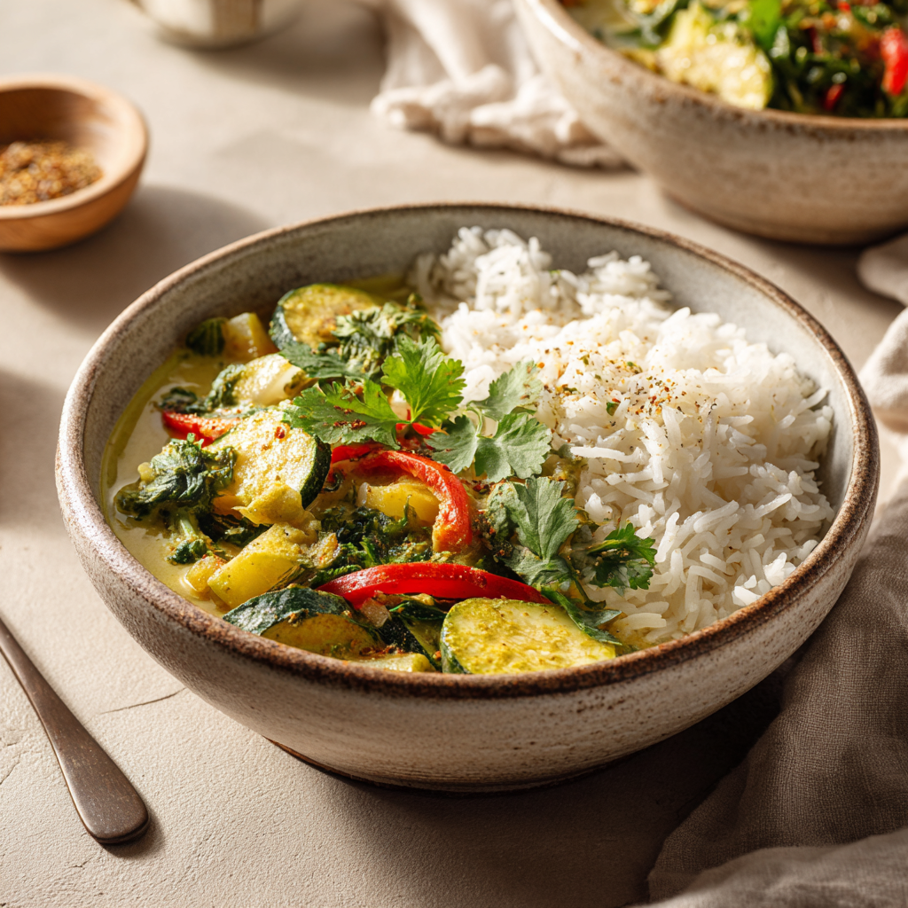 Schale mit Gemüsecurry aus Zucchini, Paprika und Kartoffeln, serviert mit lockerem weißem Reis und Kräutern