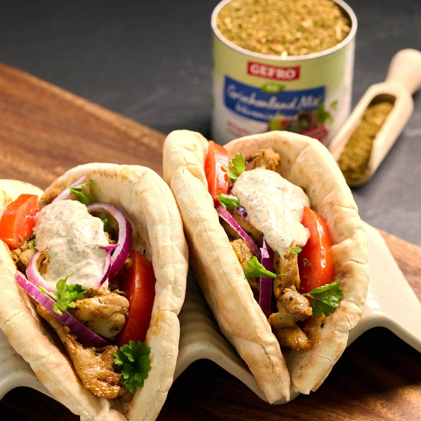 Drei gefüllte Pita-Taschen mit Hähnchen, Tomaten, roten Zwiebeln und cremiger Sauce auf einem Servierbrett