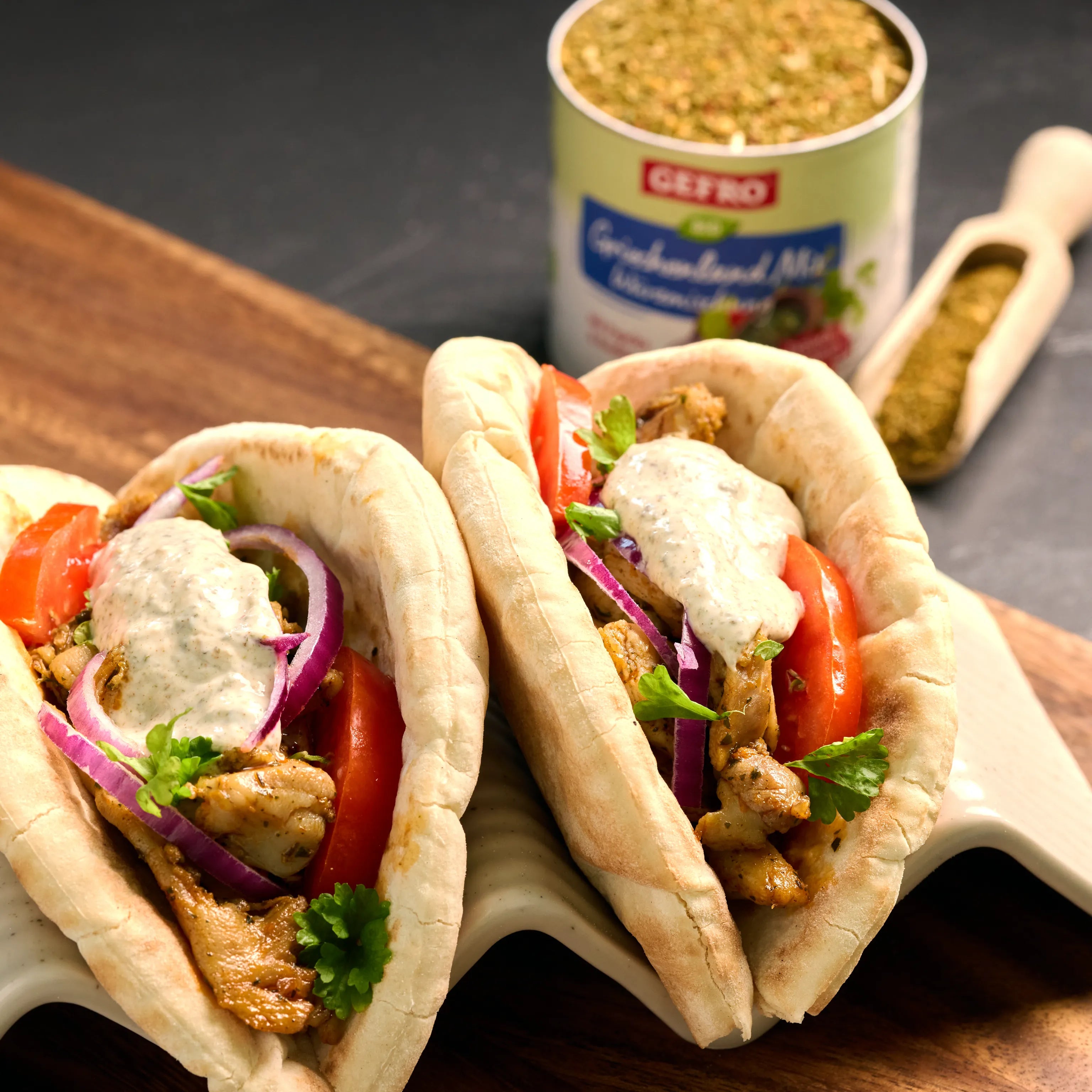 Drei gefüllte Pita-Taschen mit Hähnchen, Tomaten, roten Zwiebeln und cremiger Sauce auf einem Servierbrett