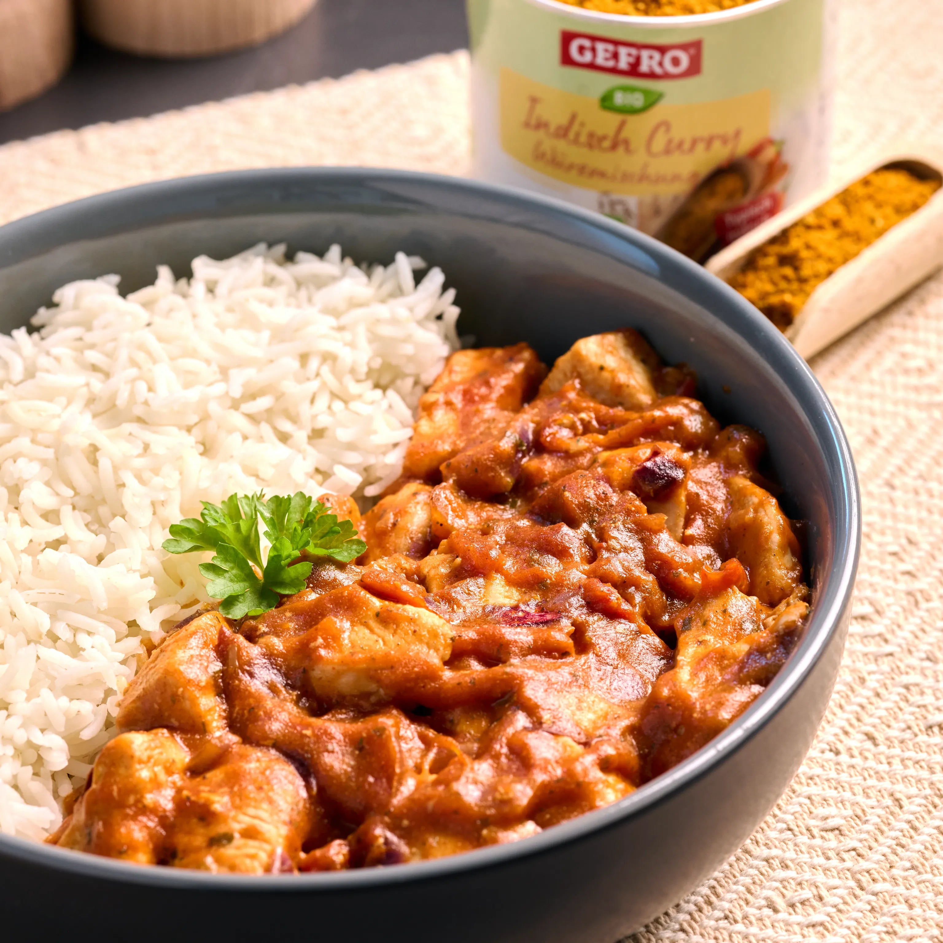 Schüssel mit weißem Reis und cremigem Hähnchen-Curry, daneben GEFRO Indisch Curry Gewürzmischung im Hintergrund