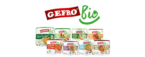 GEFRO Bio Produkte in mehreren Packungen, darunter Suppen, Soßen und Brühe, als Übersicht des Sortiments