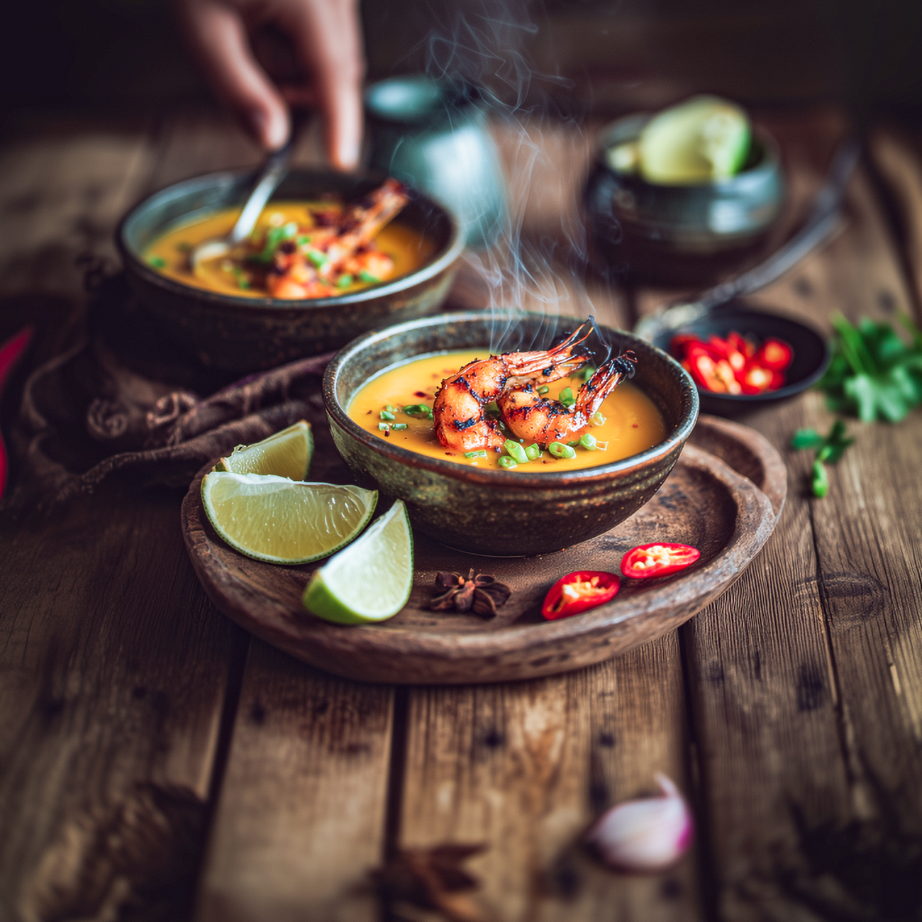 Schale mit heißer cremiger Suppe und gegrillten Garnelen, serviert mit Limettenstücken und Chili auf Holztisch