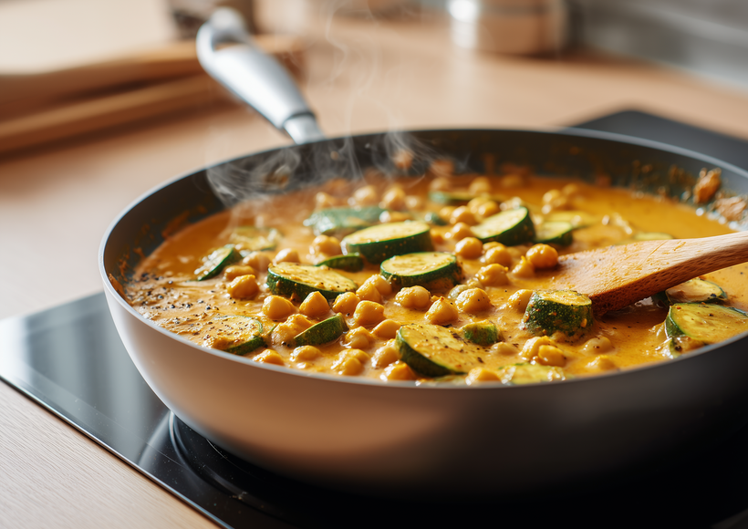 Gelbes Gemüsecurry mit Kichererbsen und Zucchinischeiben köchelt in einer Pfanne auf dem Herd.