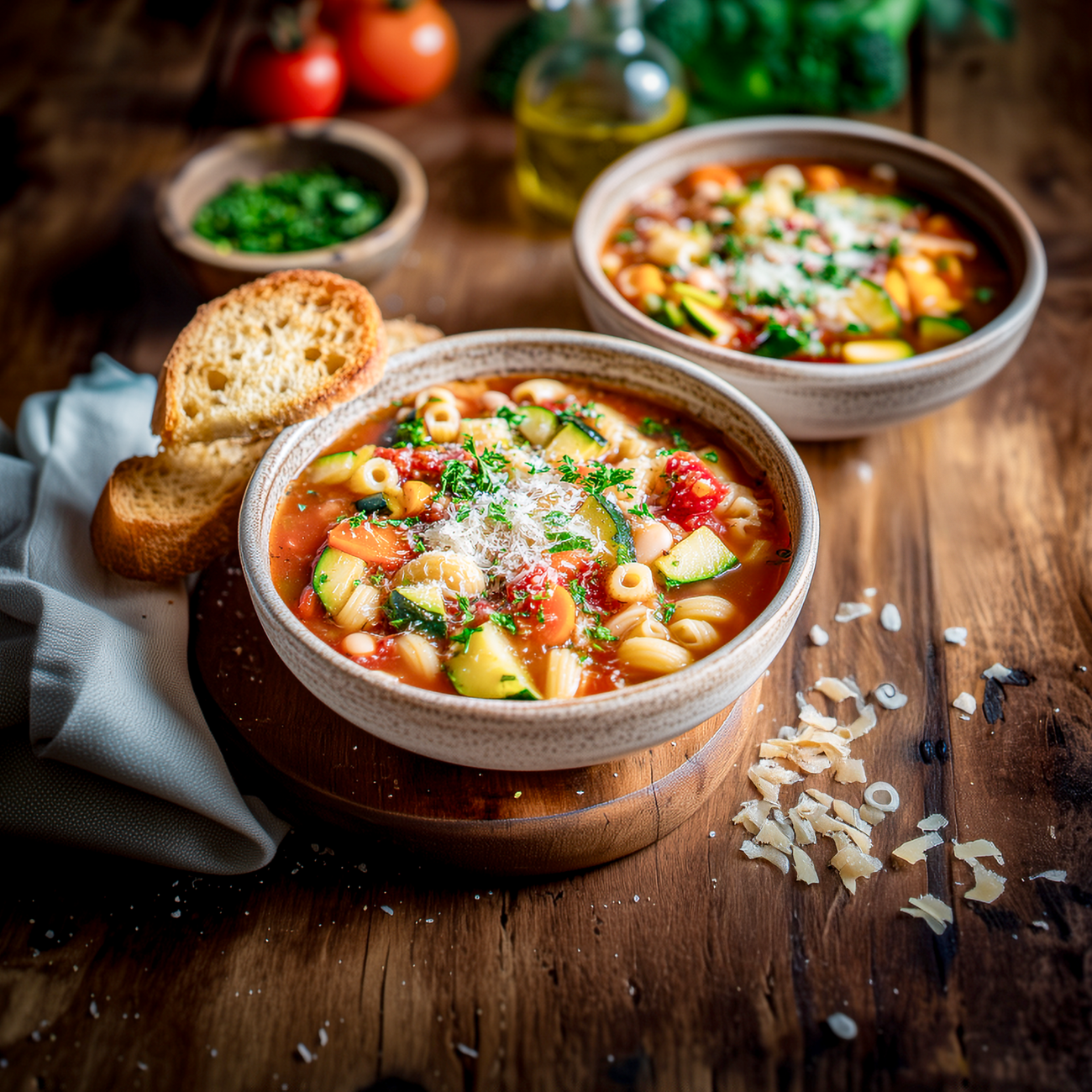 Zwei Schalen Gemüsesuppe mit Nudeln, Zucchini und Parmesan auf Holztisch, dazu geröstetes Brot und Kräuter.