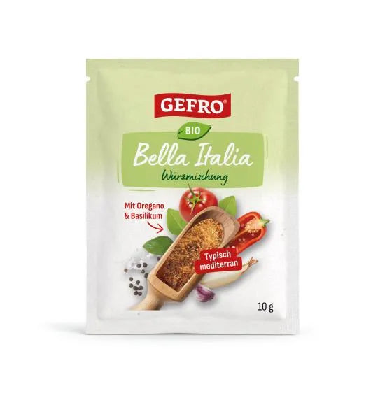 GEFRO Bio Bella Italia Würzmischung im 10-g-Beutel, vorne mit Tomaten, Kräutern und mediterranen Gewürzen dargestellt