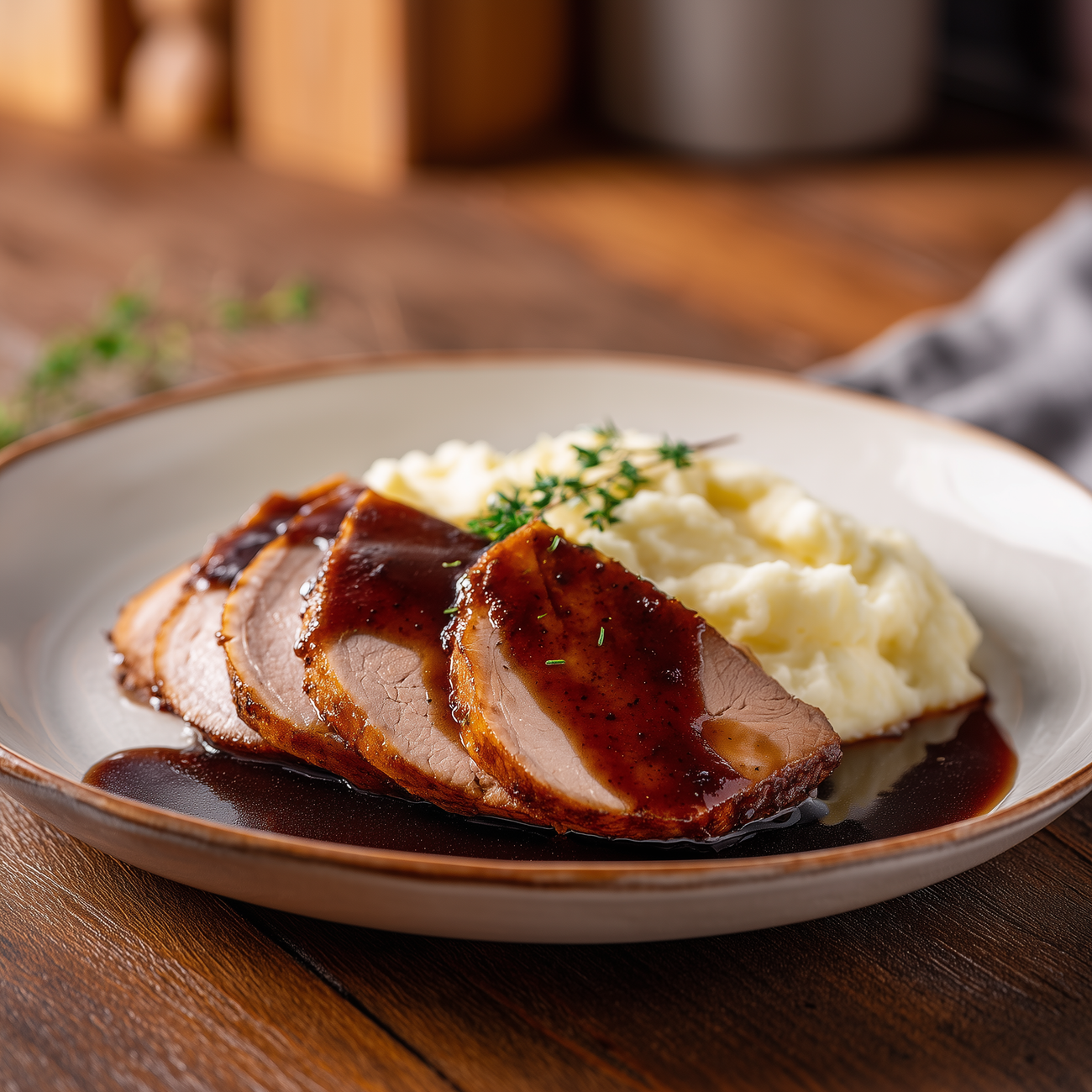Drei Scheiben Braten mit dunkler Soße und Kartoffelpüree auf einem Teller, serviert auf einem Holztisch