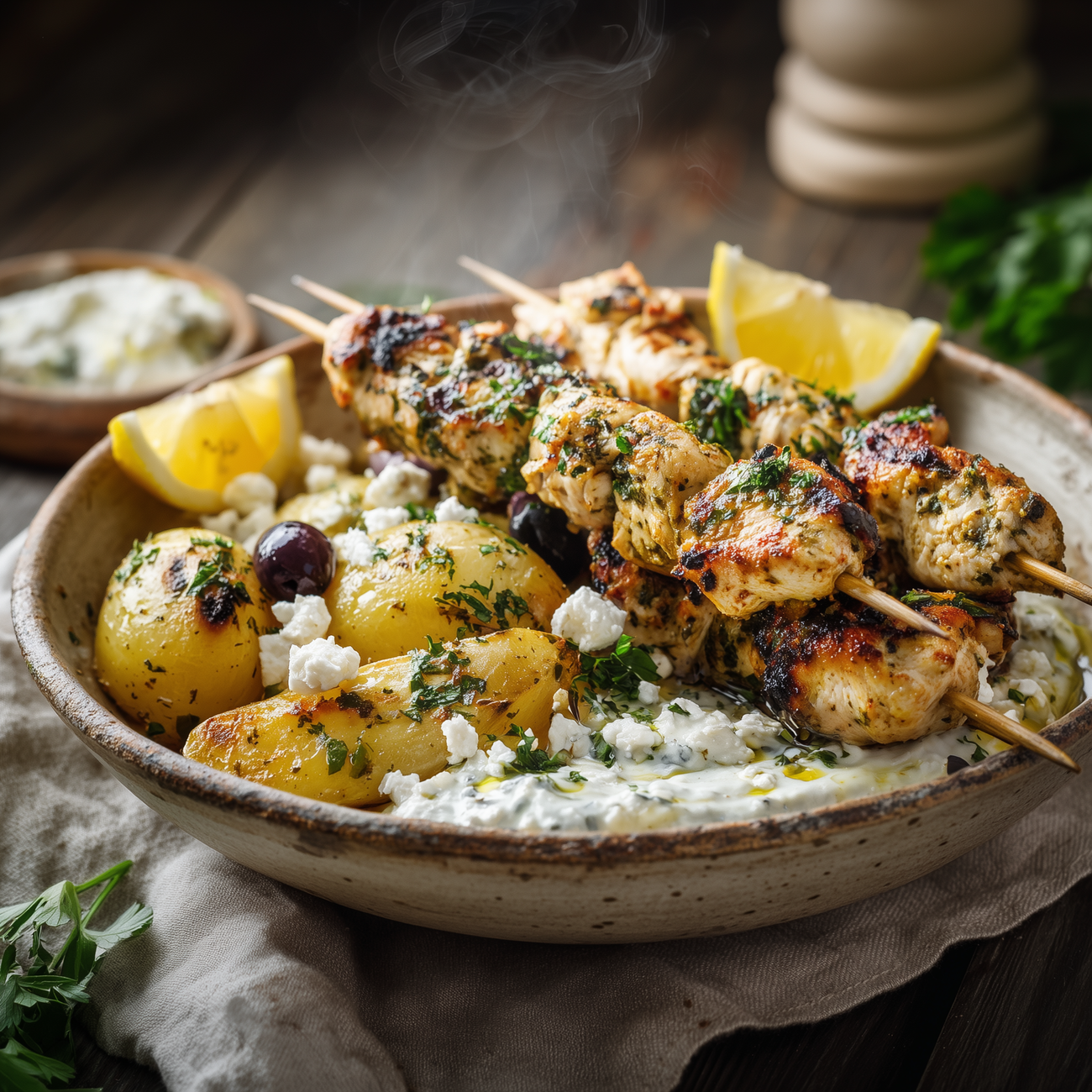 Gegrillte Hähnchenspieße mit Kartoffeln, Feta, Oliven, Zitronenspalten und cremigem Dip in einer Schale