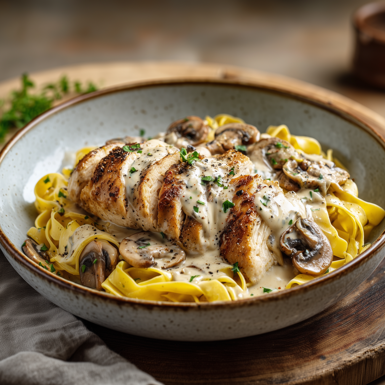 Gebratene Hähnchenbrust auf Bandnudeln mit cremiger Pilzsauce und Kräutern in einer tiefen Schale serviert