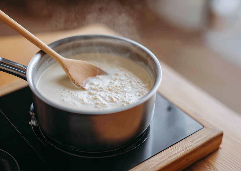 Topf mit heißer Milch auf dem Herd, mit Holzlöffel gerührt, feiner Dampf steigt auf.