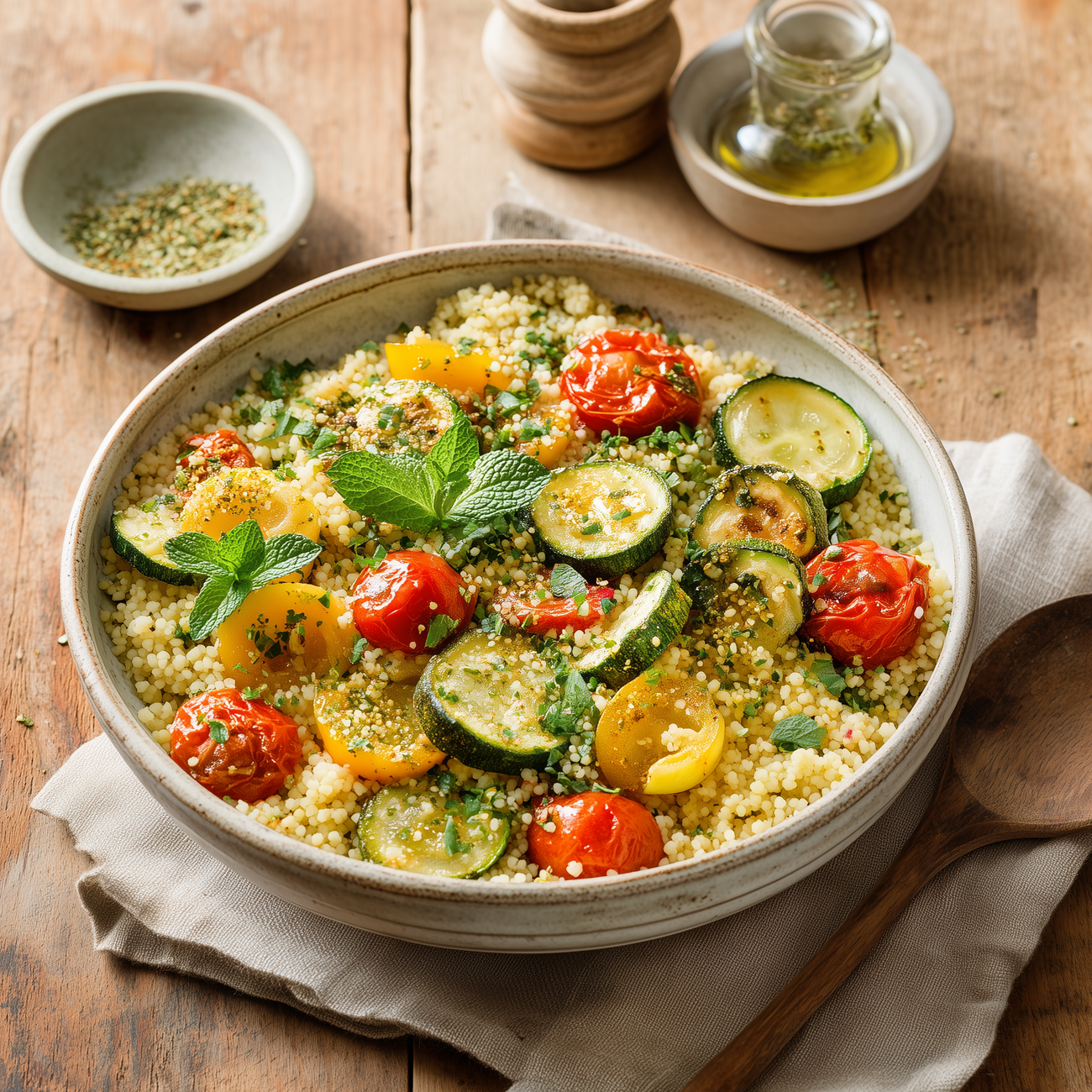 Schale mit Couscous, Zucchini, gelben Paprikastücken und gerösteten Tomaten auf einem Holztisch angerichtet