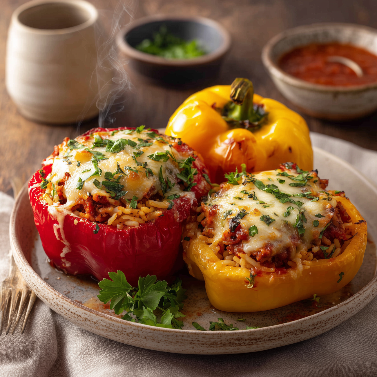 Gefüllte Paprika mit Reis, Tomatensauce und geschmolzenem Käse auf einem Teller serviert