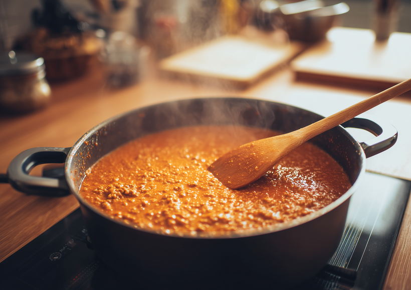 Kräftige Sauce Bolognese mit Sojaschnetzel köchelt in einem Topf auf dem Herd, während ein Holzlöffel darin rührt.