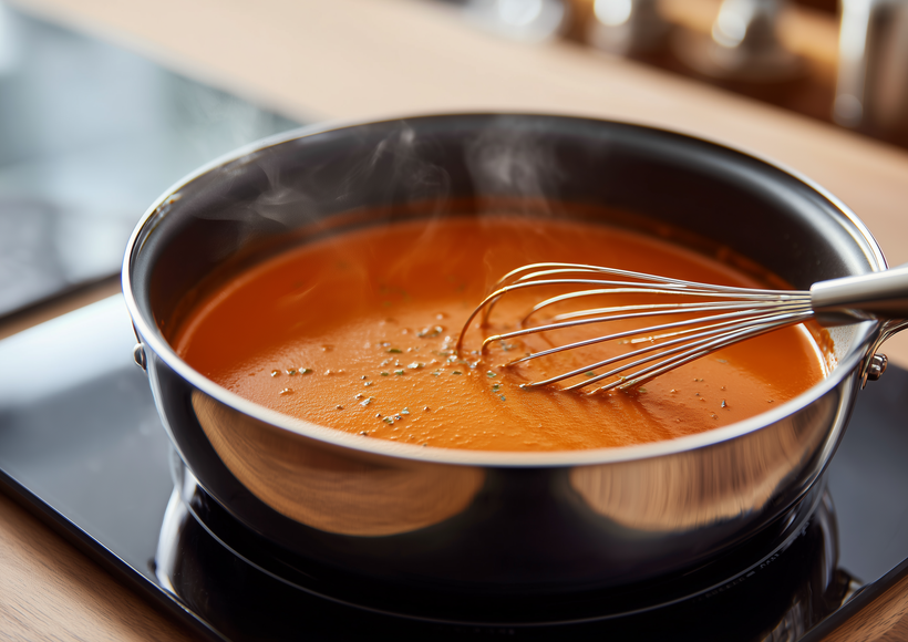 Cremige Tomatensuppe wird mit einem Schneebesen in einer Pfanne auf dem Herd gerührt.