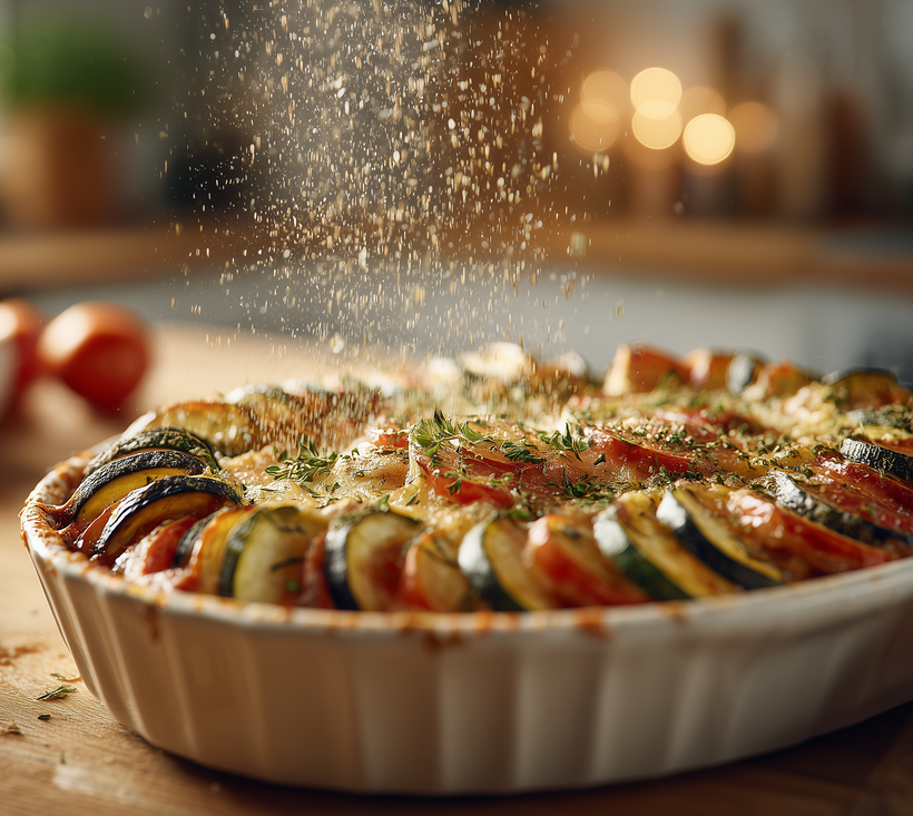Auflauf mit Zucchini und Tomaten in Keramikform, von oben mit Kräutern gewürzt, auf einem Holztisch serviert