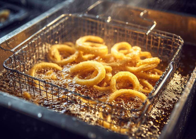 Curly Fries frittieren in einem Drahtkorb in heißem Öl in einer Fritteuse.