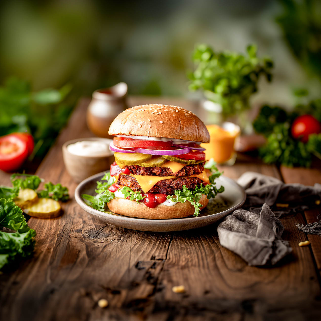 Saftiger Cheeseburger mit Salat, Tomaten, Gurken und roten Zwiebeln auf einem Teller aus Holzoptik.