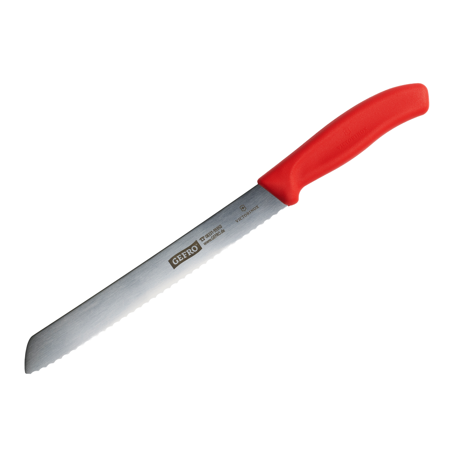 Brotmesser mit rotem Griff und gezahnter Edelstahlklinge, geeignet zum sauberen Schneiden von Brot und Gebäck