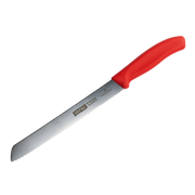 Brotmesser mit rotem Griff und gezahnter Edelstahlklinge, geeignet zum sauberen Schneiden von Brot und Gebäck