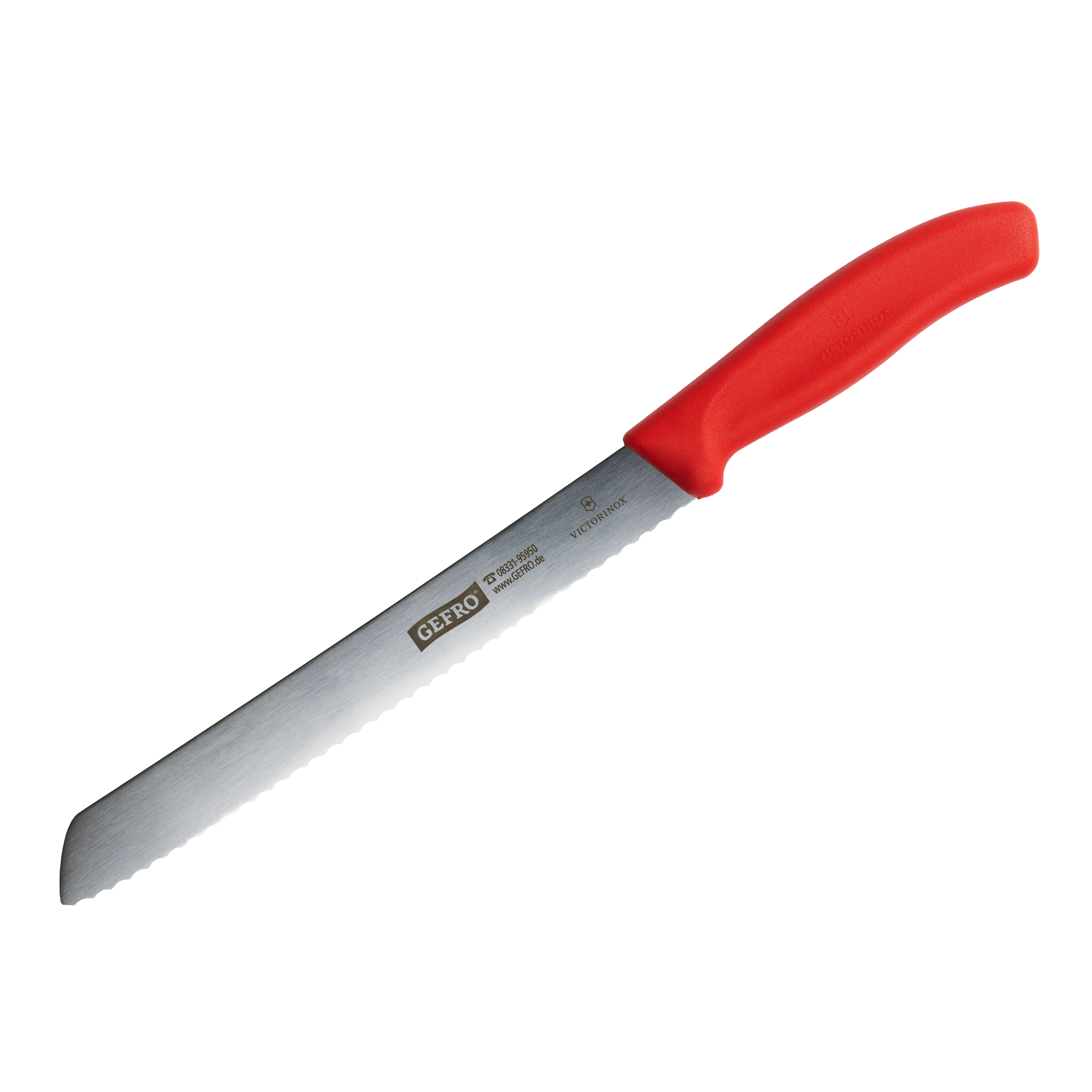 Brotmesser mit rotem Griff und gezahnter Edelstahlklinge, geeignet zum sauberen Schneiden von Brot und Gebäck