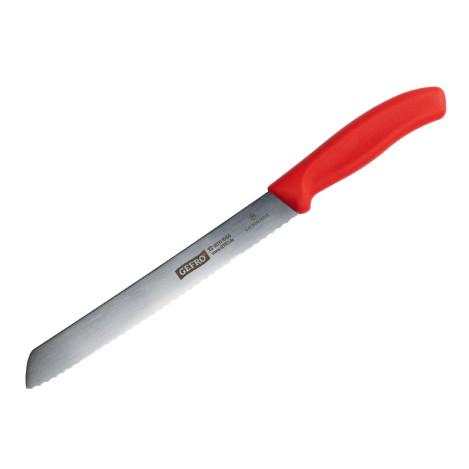 Brotmesser mit rotem Griff und gezahnter Edelstahlklinge, geeignet zum sauberen Schneiden von Brot und Gebäck