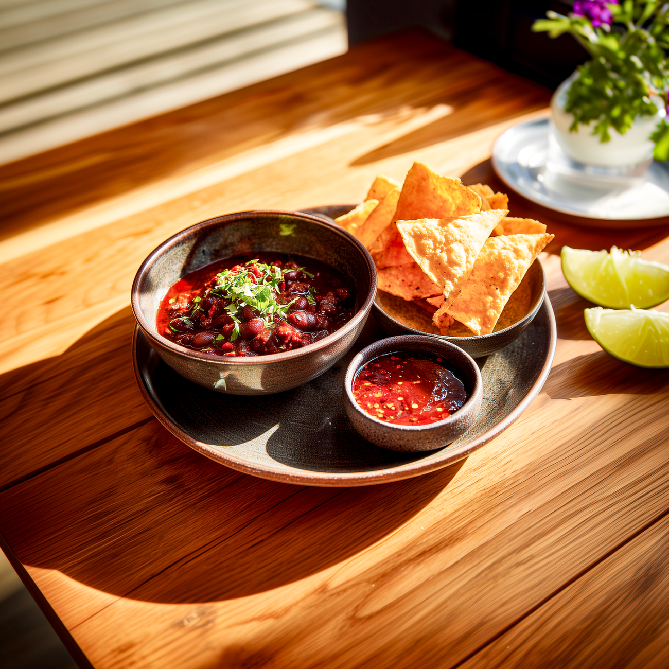 Schale mit Chili und Bohnen, dazu Tortilla-Chips, rote Salsa und Limettenspalten auf einem Holztisch im Sonnenlicht