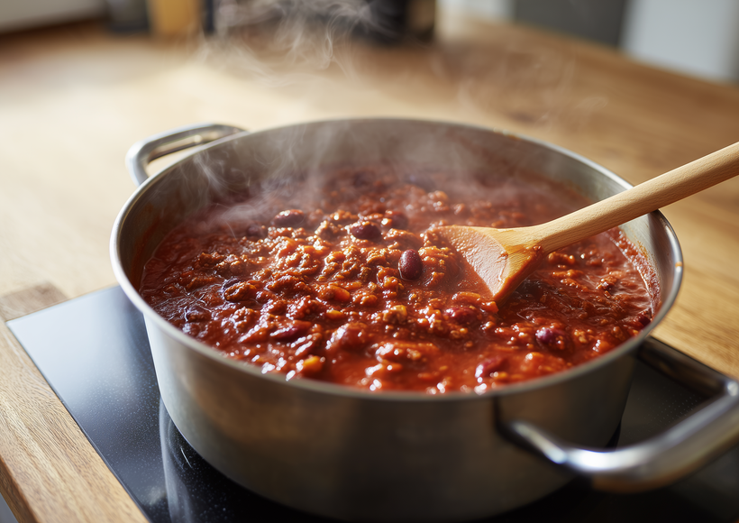 Kräftiges Chili sin Carne mit Bohnen und Mais köchelt in einem Topf auf dem Herd, während ein Holzlöffel darin rührt.