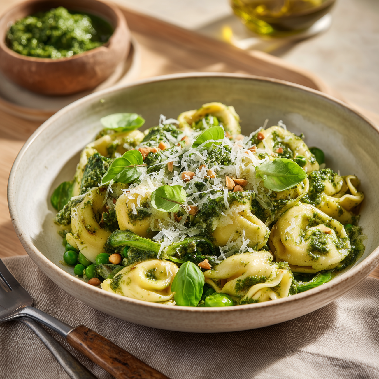 Schale mit Tortellini in grünem Pesto, garniert mit Parmesan, Basilikum und Gemüse auf hellem Tisch gedeckt