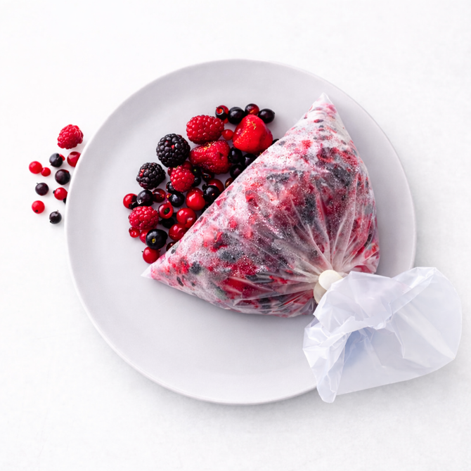 Gefrierbeutel mit gemischten Beeren auf weißem Teller, daneben frische Himbeeren, Brombeeren und Johannisbeeren
