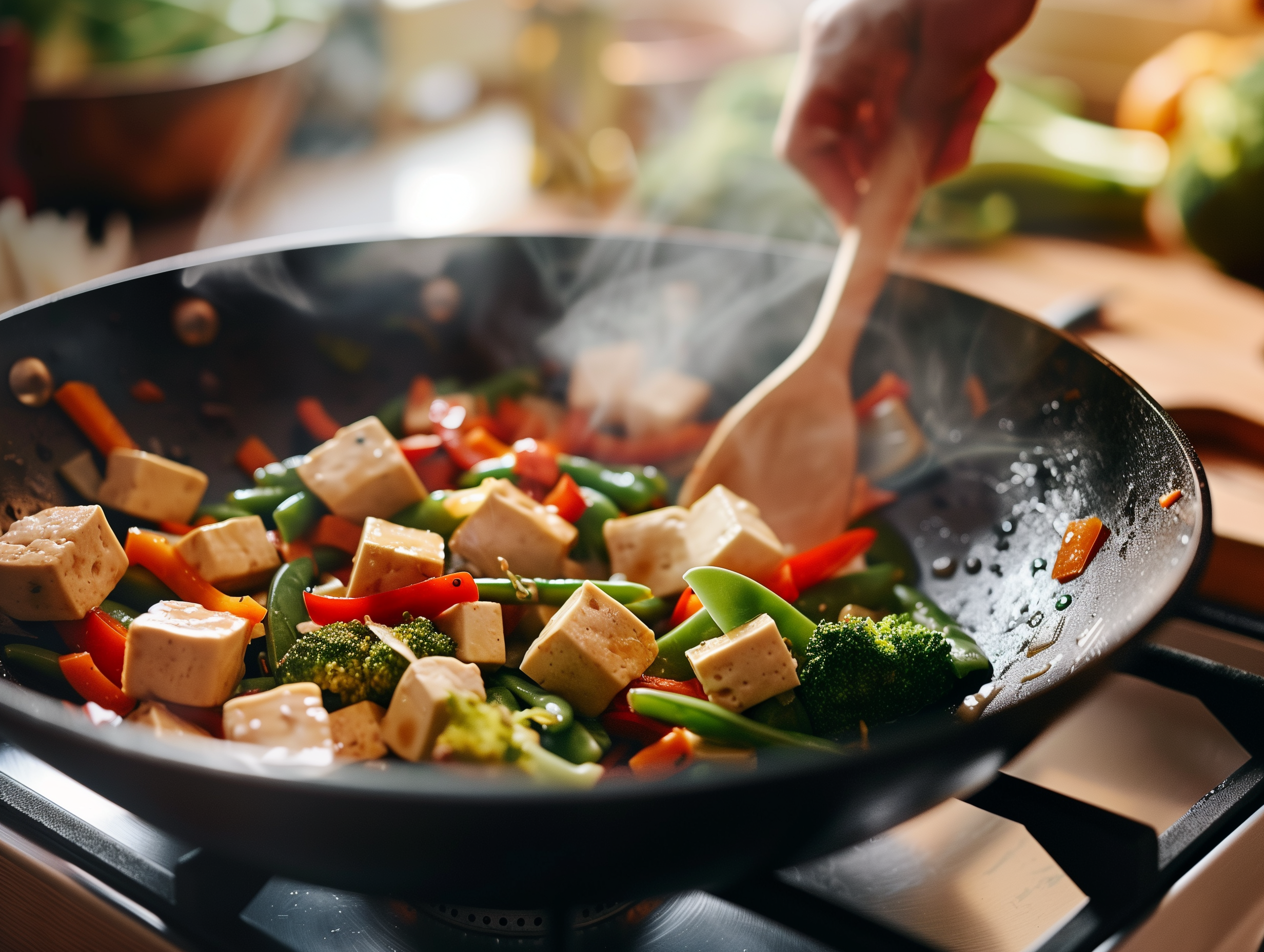 Wokpfanne auf dem Herd mit Tofu und Gemüse beim Anbraten, eine Hand rührt mit Holzlöffel durch den Dampf.