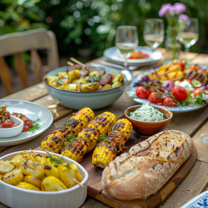 Sommerlich gedeckter Gartentisch mit gegrilltem Mais, Brot, Kartoffeln, Salat, Dips und Weingläsern im Freien
