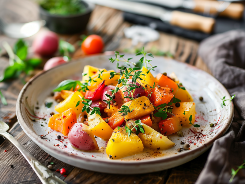 Bunter Gemüsesalat mit gelben und roten Stücken, frischen Kräutern und Gewürzen auf einem Teller angerichtet