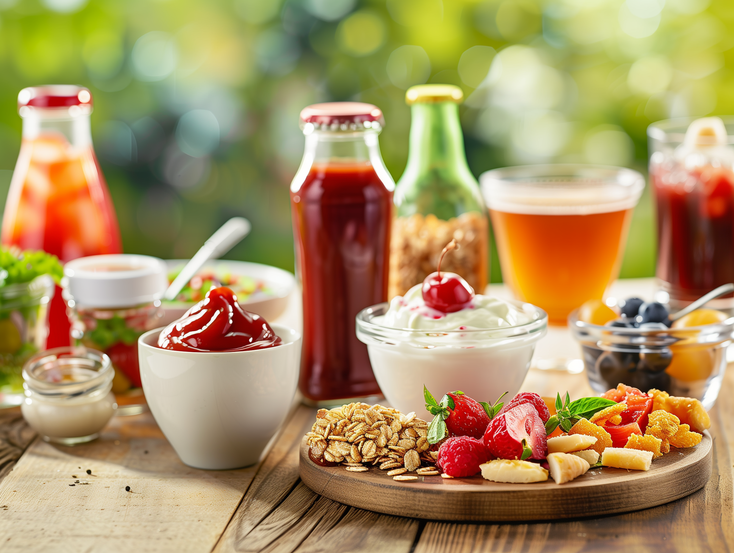 Frühstück mit Joghurt, Müsli, Erdbeeren, Ketchup und Getränken auf Holztisch im Freien arrangiert