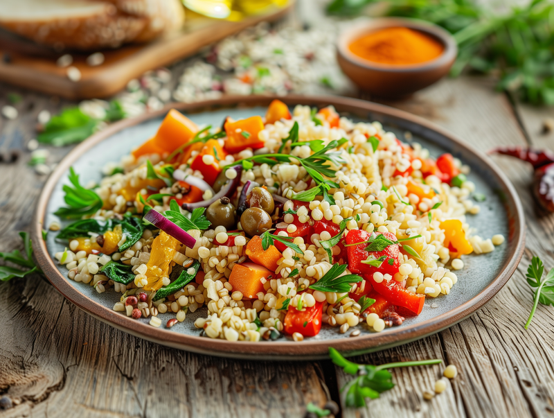 Bunter Getreidesalat mit Paprika, Kürbis, Oliven und frischen Kräutern auf einem Teller aus Keramik.
