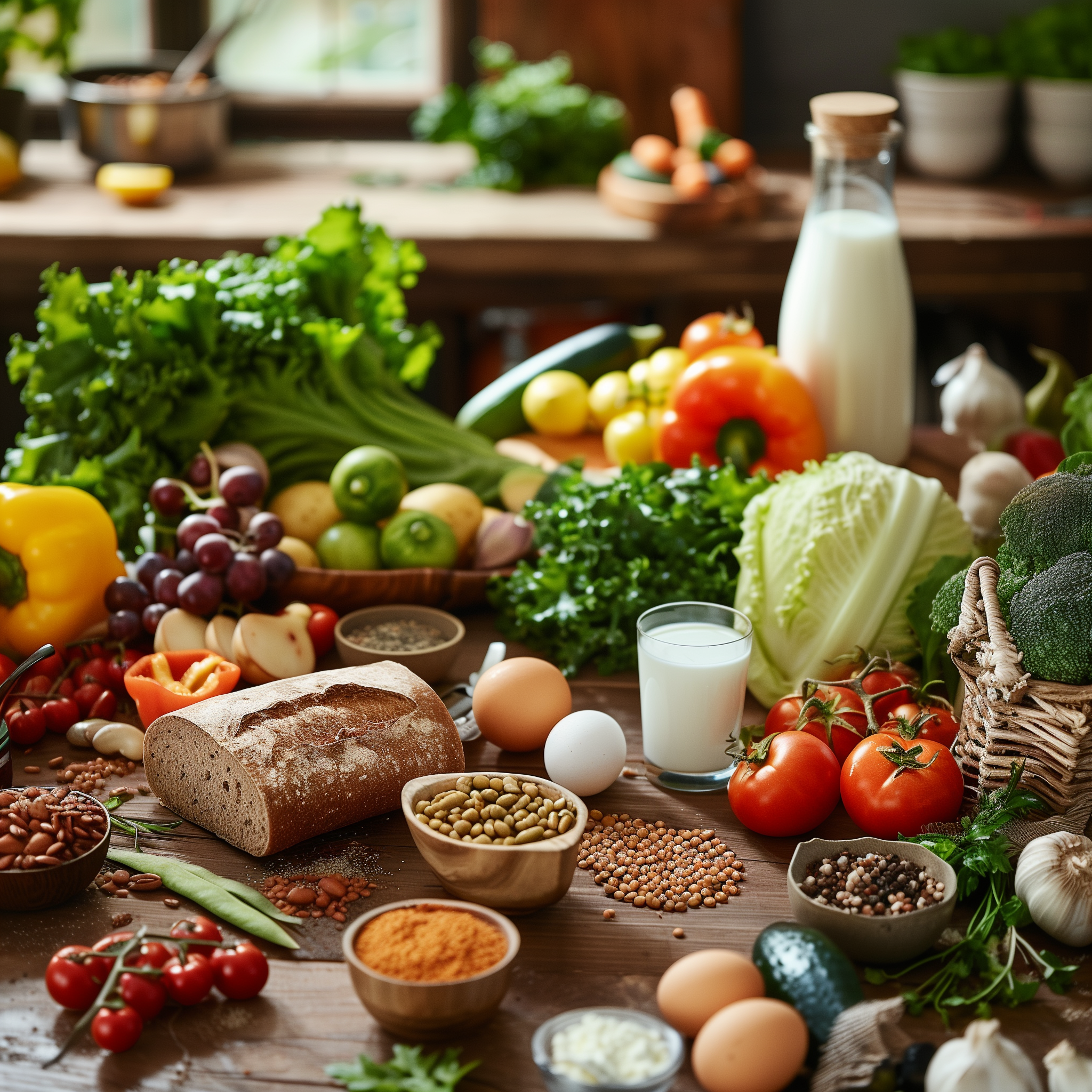 Frische Lebensmittel auf Holztisch: Gemüse, Obst, Brot, Eier, Milch, Hülsenfrüchte und Gewürze in der Küche