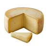 Runder halbfester Käse mit angeschnittener Laibform und einem Stück davor, gelber Teig und helle Rinde sichtbar