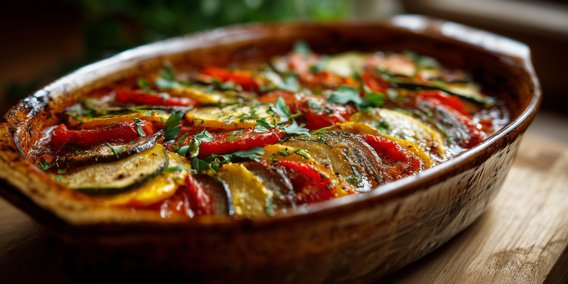 Ofengemüse mit Zucchini, Paprika und Kräutern in einer braunen Auflaufform, frisch gebacken serviert